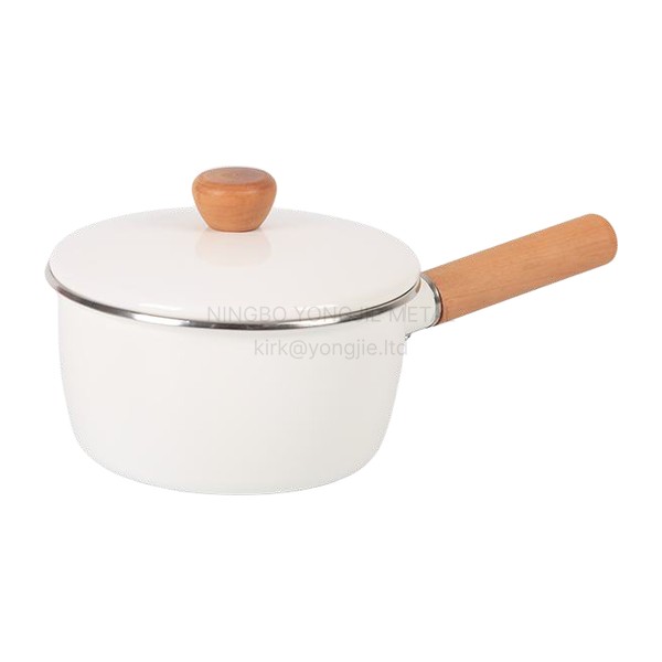 18cm Enamel Sauce Pan with Enamel Lid and Wooden Handle